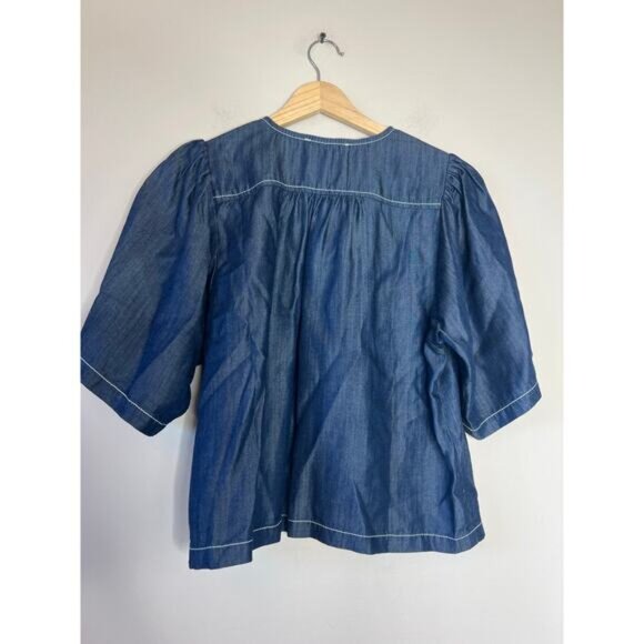 NWT Fifteen Twenty Nadine Bow Detail Short Sleeve Top Blue Size: Extra Small - Picture 7 of 8